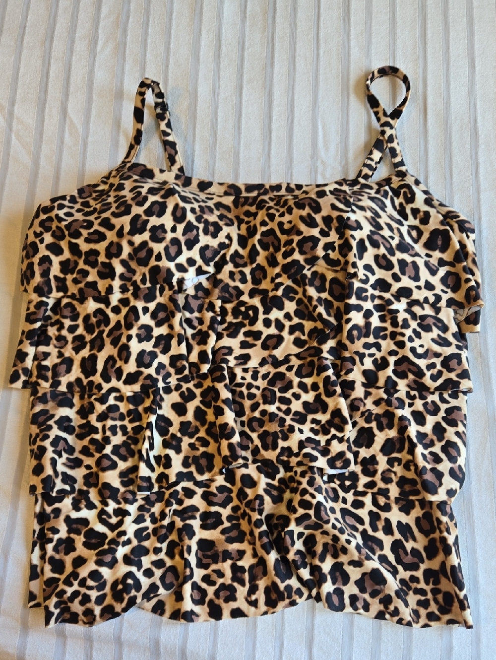 Leopard Print Ruffle Tankini Swim Top - Beige & Black